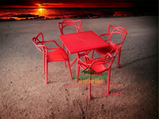 Bộ bàn ghế nhựa đúc nguyên khối màu đỏ - HGH3012