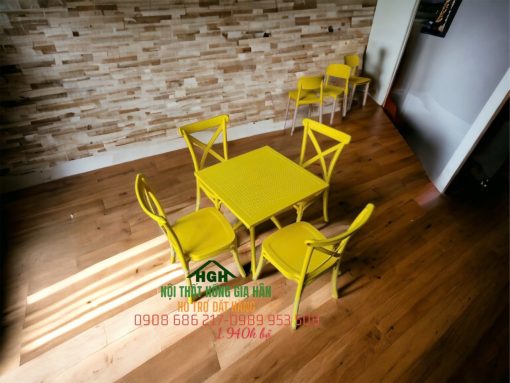 Bộ bàn ghế nhựa đúc lưng chéo màu vàng - HGH30109