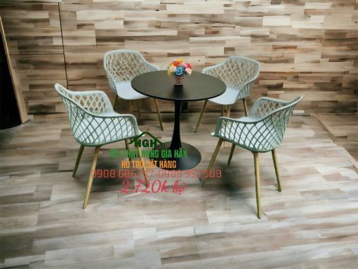 Bộ bàn ghế cafe đan chéo chân gỗ màu xám - HGH3014
