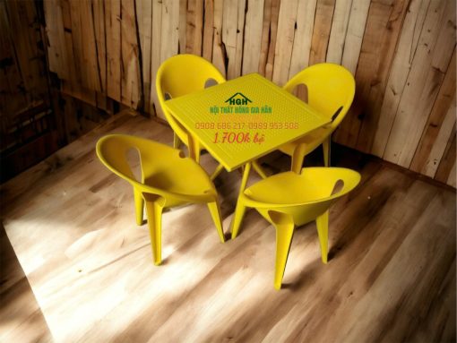 Bộ bàn ghế nhựa đúc lưng tròn màu vàng - HGH15128