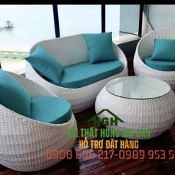 Bộ bàn ghế sofa mây nhựa dạng trứng nệm xanh - HGH7129