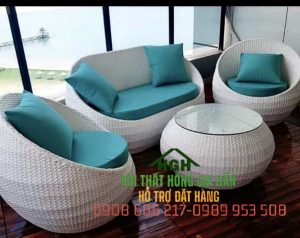 Bộ bàn ghế sofa mây nhựa dạng trứng nệm xanh - HGH7129