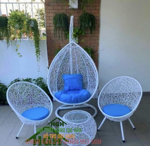 Combo xích đu mây nhựa + bộ bàn ghế đan rối - HGH13129